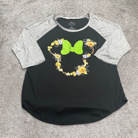 Disney Minnie Mouse Raglan T-Shirt Women XL Black Gray Round Neck Casual Graphic - Picture 1 of 10